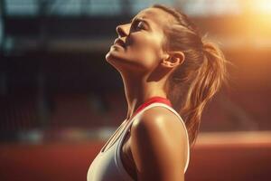 ai generiert Porträt von ein sportlich jung Frau im Sportbekleidung auf das Stadion, sportlich Mädchen Gefühl Schmerzen im ihr Hals gegen verschwommen Hintergrund, ai generiert foto