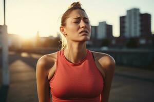 ai generiert Porträt von ein jung Sportlerin ruhen nach Joggen draußen, sportlich Mädchen Gefühl Schmerzen im ihr Hals gegen verschwommen Hintergrund, ai generiert foto