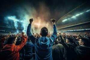 ai generiert Menge Jubel beim ein Fußball oder Fußball Stadion während ein passen, Rückseite Aussicht von Jubel Fußball Fans im Stadion, ai generiert foto