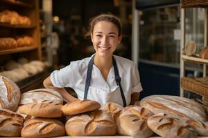 ai generiert jung Frau Arbeiten im Bäckerei, lächelnd und suchen beim Kamera. Bäckerei Konzept, Bäcker Frau lächelnd im Bäckerei Geschäft mit Brot, ai generiert foto