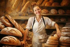 ai generiert jung weiblich Bäcker Stehen im Bäckerei mit frisch Brot und Baguette, Bäcker Frau lächelnd im Bäckerei Geschäft mit Brot, ai generiert foto