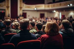 ai generiert Lautsprecher beim Geschäft Konferenz und Präsentation. Publikum im das Konferenz Halle. Geschäft und Unternehmerschaft, zurück Aussicht von Publikum im das Konferenz Saal, ai generiert foto