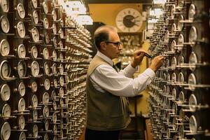 ai generiert ein Senior Mann mit Brille im ein Fabrik, ein Augenarzt passt sich an ein Rahmen auf ein Rahmen im das Halle von ein optisch speichern, ai generiert foto