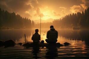 ai generiert Silhouette von Vater und Sohn Angeln auf ein See beim Sonnenuntergang, Junge, Vater und Großvater Angeln im See, ai generiert foto