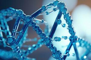 ai generiert DNA Molekül Struktur, 3d machen, Blau getönt Bild, Blau DNA Strand molekular Struktur Modell, ai generiert foto