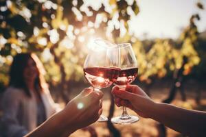 ai generiert Nahansicht von zwei weiblich freunde Klirren Brille mit rot Wein im Weinberg, verschwommen Bild von freunde Toasten Wein im ein Weinberg im das tagsüber draußen, ai generiert foto