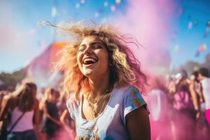 ai generiert glücklich jung Frau haben Spaß beim ein Musik- Festival auf ein sonnig Tag, schön jung Frau haben Spaß beim bunt Musik- Festival, ai generiert foto