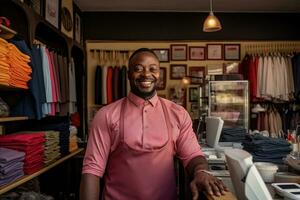 ai generiert Porträt von glücklich Afroamerikaner männlich Verkäufer Stehen im ein Kleidung speichern, schwarz chemische Reinigung Geschäft Inhaber im seine Geschäft hinter Schalter, ai generiert foto
