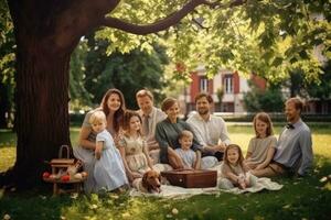 ai generiert glücklich groß Familie Sitzung unter ein Baum im das Park und haben Spaß, groß Menge von Menschen im das Neu York U-Bahn Metro im eilen Stunde, ai generiert foto