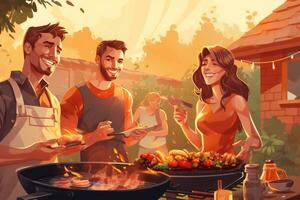 ai generiert Gruppe von freunde haben Grill Party im das Hinterhof. Vektor Illustration, Grill Kochen freunde genießen das Essen und Unternehmen, ai generiert foto