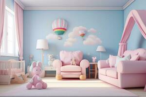 ai generiert 3d Rendern Kinder Zimmer mit Rosa Sofa, Rosa Sessel, Teddy Bär und Luft Ballon, Babys Zimmer mit Rosa und Blau Pastell- Farben, ai generiert foto