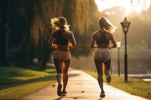 ai generiert zwei sportlich jung Frauen Joggen im das Park beim Morgen, schön Frauen Joggen im das Park im im das Morgen, ai generiert foto