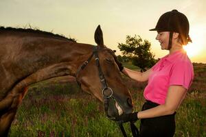 schön lächelnd Mädchen Jockey Stand Nächster zu ihr braun Pferd tragen Besondere Uniform auf ein Himmel und Grün Feld Hintergrund auf ein Sonnenuntergang. foto