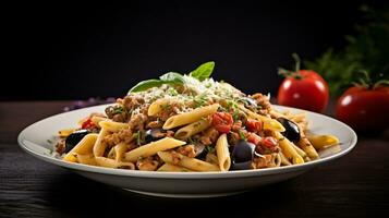 ai generiert ein Portion von sizilianisch Pasta mit Penne, Thunfisch, Aubergine, Tomaten, Parmesan, Basilikum und Knoblauch. ai generiert. foto