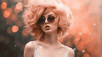 ai generiert jung Mädchen im ein Rosa Perücke und Sonnenbrille, Farbe von das Jahr 2024. ai generiert. foto