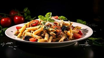 ai generiert ein Portion von sizilianisch Pasta mit Penne, Thunfisch, Aubergine, Tomaten, Parmesan, Basilikum und Knoblauch. ai generiert. foto