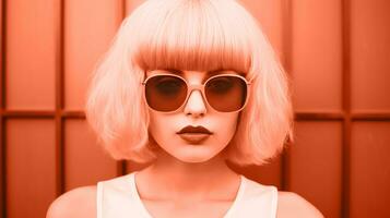 ai generiert jung Mädchen im ein Rosa Perücke und Sonnenbrille, Farbe von das Jahr 2024. ai generiert. foto