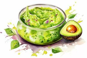 ai generiert Aquarell Guacamole mit Avocado auf Weiß Hintergrund. traditionell Latein amerikanisch, Mexikaner Essen, Küche. ai generiert. foto