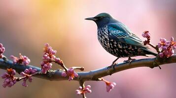 ai generiert im früh Frühling, ein Star singt auf ein Baum Ast. ai generiert. foto