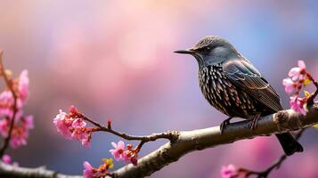 ai generiert im früh Frühling, ein Star singt auf ein Baum Ast. ai generiert. foto