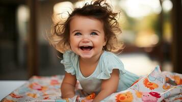 ai generiert Baby Lügen Gesicht Nieder im Bett und lächelnd glücklich. generativ ai foto