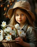 ai generiert ein jung Mädchen lächelnd während halten ein Korb gefüllt mit bunt Blumen im ihr Hände. generativ ai foto