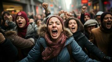 ai generiert Menschen Gehen auf das Straße schreien zum ein Zweck. generativ ai foto