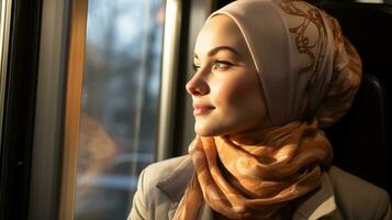 ai generiert jung Muslim Frau suchen aus von das Öffentlichkeit Bus Fenster. generativ ai foto