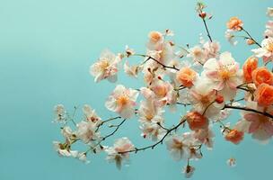 Frühling Blumen von ein Blühen Apfel Baum auf ein Blau Hintergrund foto