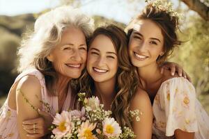 Enkelinnen und Oma umarmen mit Blumen foto