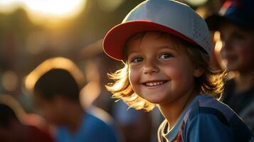 ai generiert jung Junge aufgeregt warten wie er bereitet vor zum das Baseball Spiel. generativ ai foto