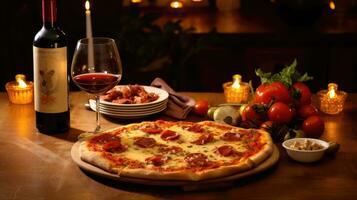 ai generiert lecker Italienisch Abendessen Szene mit Pizza, Pasta, und Wein, Verlassen Zimmer zum Text foto