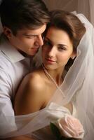 ai generiert romantisch Hochzeit Paar, zärtlich Blick, mit Raum zum geschätzt Gelübde und Erklärungen foto