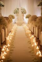 ai generiert romantisch Hochzeit Ambiente mit Ringe, Spitze, und reichlich Raum zum ewig Versprechen foto