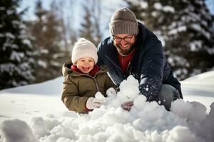 ai generiert Papa und Sohn genießen ein schneebedeckt Tag, spielerisch Schneeball Kämpfe foto