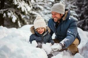 ai generiert Papa und Sohn genießen ein schneebedeckt Tag, spielerisch Schneeball Kämpfe foto