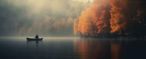 ai generiert Person im Kanu schwebend im ein See mit herbstlich Landschaft foto