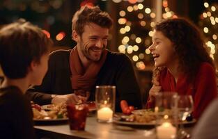 ai generiert Eltern genießen Abendessen Abendessen mit Familie foto