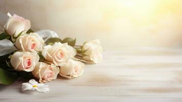 ai generiert romantisch Hochzeit Hintergrund mit Raum zum Gelübde, Blumen, und zeitlos Liebe foto
