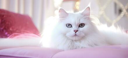 ai generiert ein flauschige Weiß Katze sitzt auf ein Bett mit ein Rosa Kissen foto