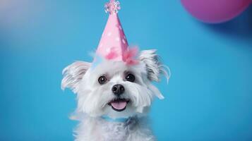 ai generiert Weiß Hund im Rosa Party Hut auf Blau Hintergrund foto