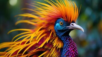 ai generiert ein Nahansicht Schuss von ein extravagant Vogel von Paradies foto