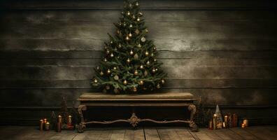 ai generiert ein Weihnachten Baum auf ein hölzern Tabelle foto