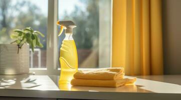 ai generiert ein Flasche von Zuhause Reinigung sprühen und Handtücher auf ein Zähler foto