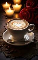 ai generiert geröstet Kaffee mit Herz w Dampf, auf Tabelle oben foto