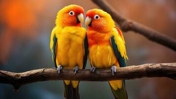 ai generiert ein Paar von Lovebirds Sitzung zusammen auf ein Zweig, ihr hell Orange und Gelb Gefieder foto