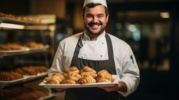 ai generiert ein lächelnd Koch halten ein Tablett von frisch gebacken Croissants foto