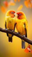 ai generiert ein Paar von Lovebirds Sitzung zusammen auf ein Zweig, ihr hell Orange und Gelb Gefieder foto