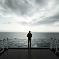 ai generiert ein heiter Bild von ein einsam Zahl Stehen auf das Deck von ein Kreuzfahrt Schiff foto