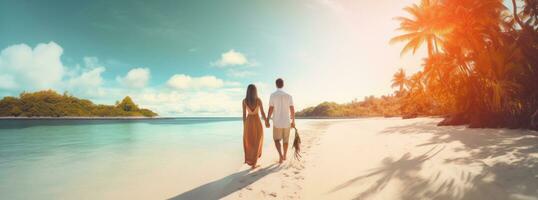 ai generiert zwei Menschen halten Hände gehen Nieder das Strand foto